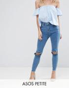 Asos Petite Ridley Skinny Jeans In Luella Pretty Blue With Frill Knee And Arched Raw Hem - Blue