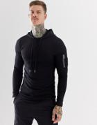 Asos Design Longline Muscle Fit Hoodie With Ma1 Pocket And Curved Hem In Black - Black
