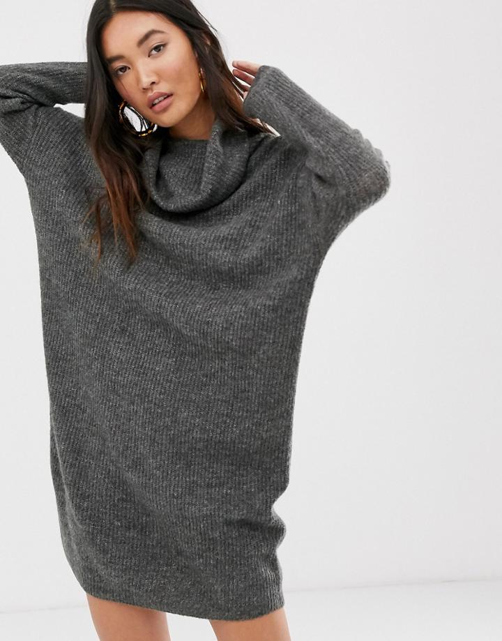 Only Brushed Knitted Longline Roll Neck Mini Dress-gray