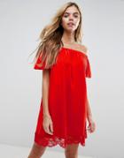 Asos Off Shoulder Mini Dress With Lace Hem - Red