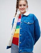 Monki Shearling Collar Cord Jacket In Blue - Blue