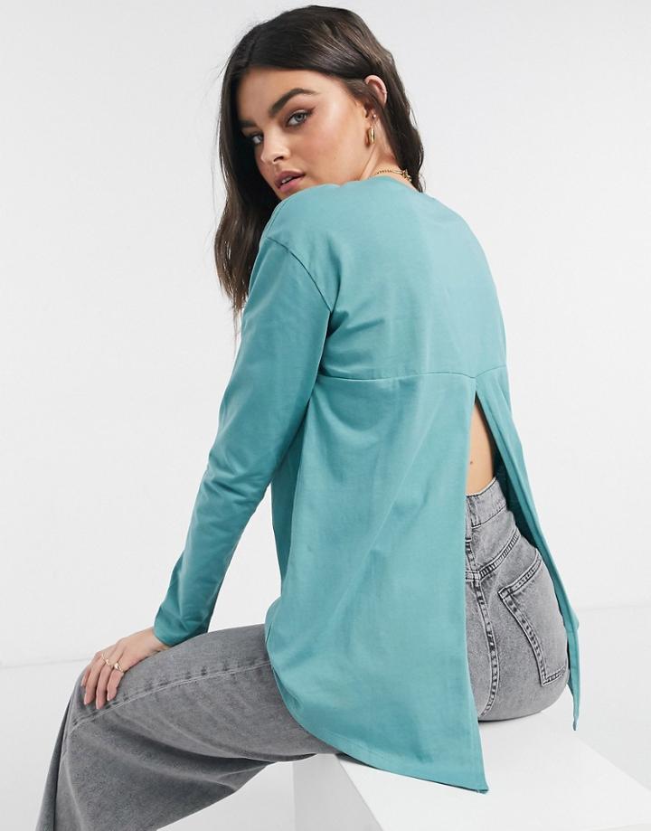 Asos Design Long Sleeve T-shirt With Slit Back In Teal-green