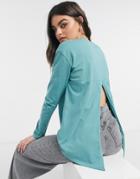 Asos Design Long Sleeve T-shirt With Slit Back In Teal-green