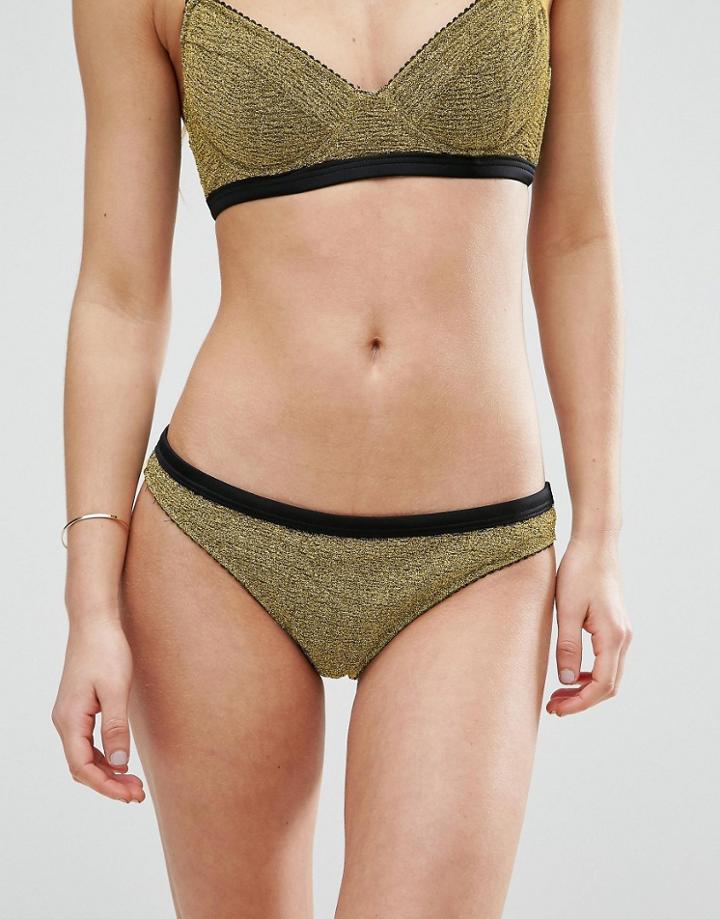 Asos Gold Metallic Picot Trim Bikini Bottom - Gold