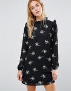 Fashion Union Frill Neck Dress In Floral Print - Navy