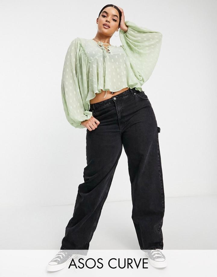 Asos Design Curve Textured Long Sleeve Blouse With Lace Up Front & Peplum Hem In Sage-green
