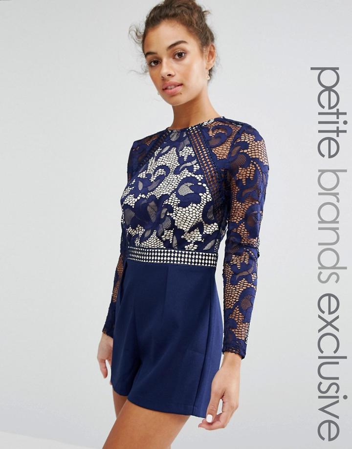 Little Mistress Petite Long Sleeve Lace Bodice Romper - Navy