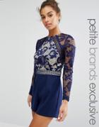 Little Mistress Petite Long Sleeve Lace Bodice Romper - Navy