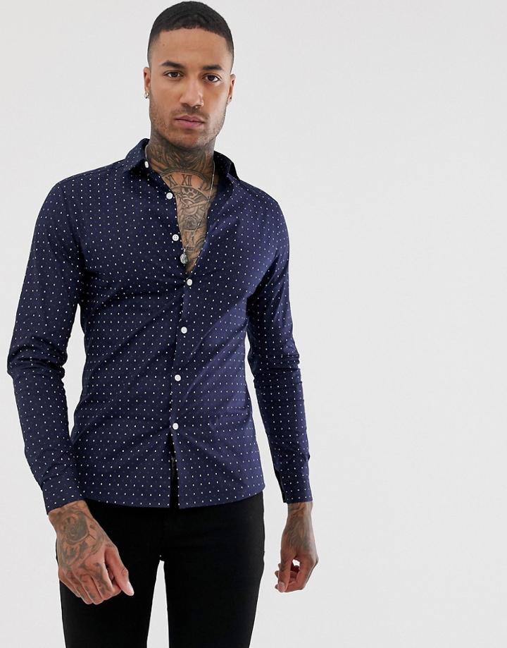 Asos Design Skinny Fit Shirt With Arrow Ditsy Print In Navy - Navy