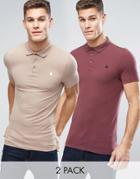 Asos 2 Pack Extreme Muscle Pique Polo Shirt In Red/beige With Logo Save - Multi