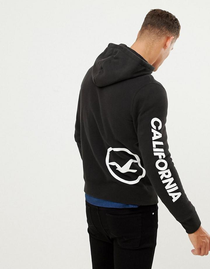 Hollister Sleeve Print Logo Full Zip Hoodie In Black - Black