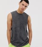 Asos Design Tall Relaxed Sleeveless T-shirt With Dropped Armhole In Acid Wash - Gray