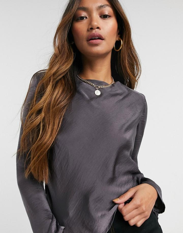 Asos Design Long Sleeve Satin Top With Shoulder Pads In Dark Gray-grey