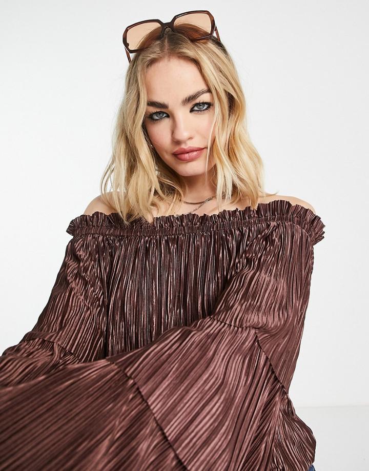 River Island Plisse Bardot Top In Brown