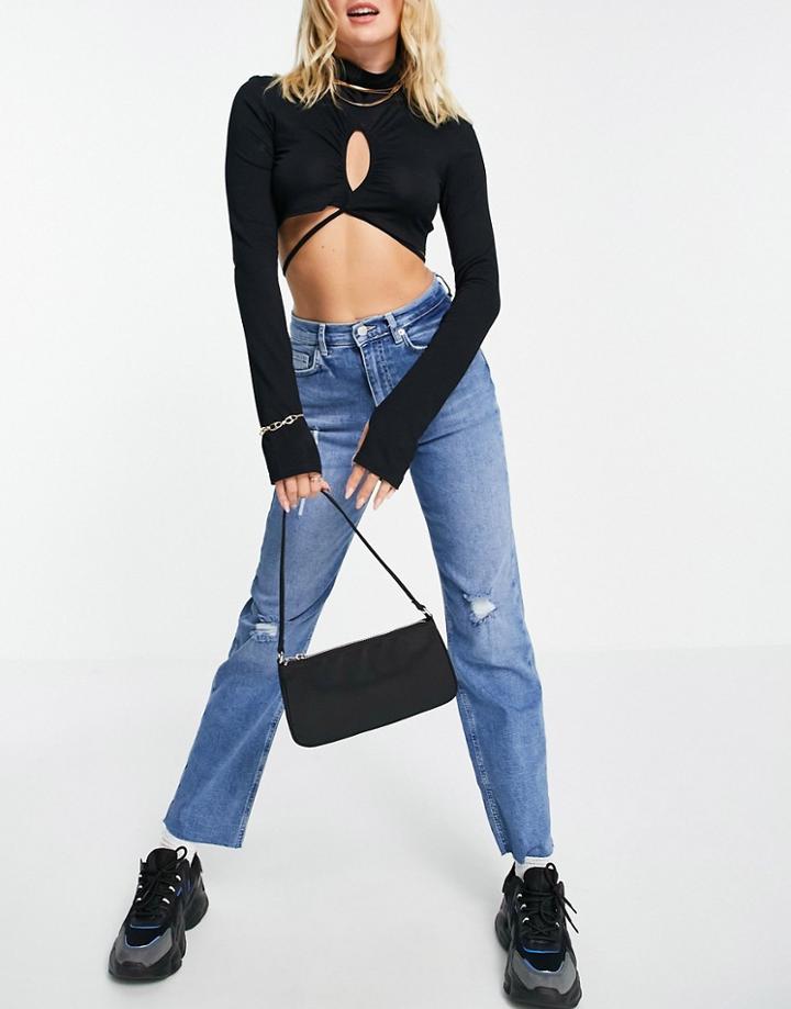 Na-kd High Waisted Straight Destroyed Jeans In Mid Blue-blues