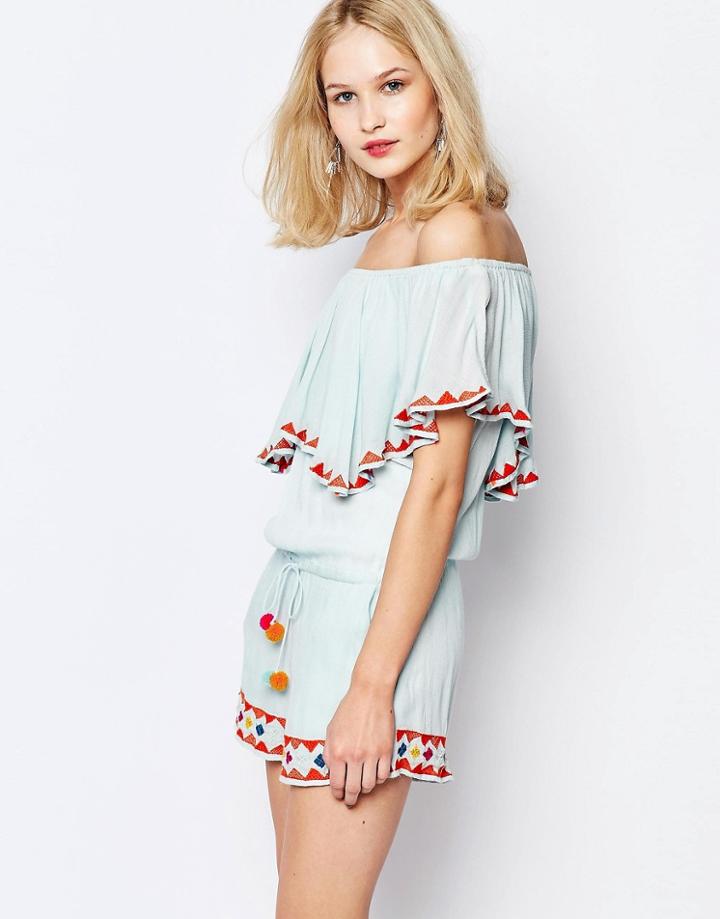 Piper Reynosa Ruffle Romper With Pom Pom Ties - Blue