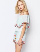 Piper Reynosa Ruffle Romper With Pom Pom Ties - Blue