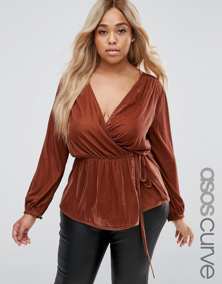 Asos Curve Premium Wrap Top In Velvet - Pink