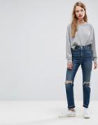 Asos Farleigh High Waist Slim Mom Jeans In Sonnet Aged Vintage Dark Wash With Busts And Cinch Back-blue