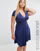 Club L Plus Plunge Front Skater Dress With Cap Sleeve - Navy