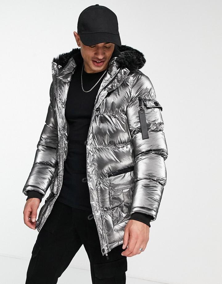 Siksilk Puff Padded Parka With Fur Hood In Metallic Gray-grey