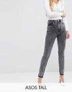 Asos Tall Farleigh High Waist Slim Mom Jeans In Moon Black Acid Wash With Busted Knees - Black