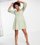 In The Style Maternity X Brooke Vincent Volume Sleeve Wrap Top In Green Check Print