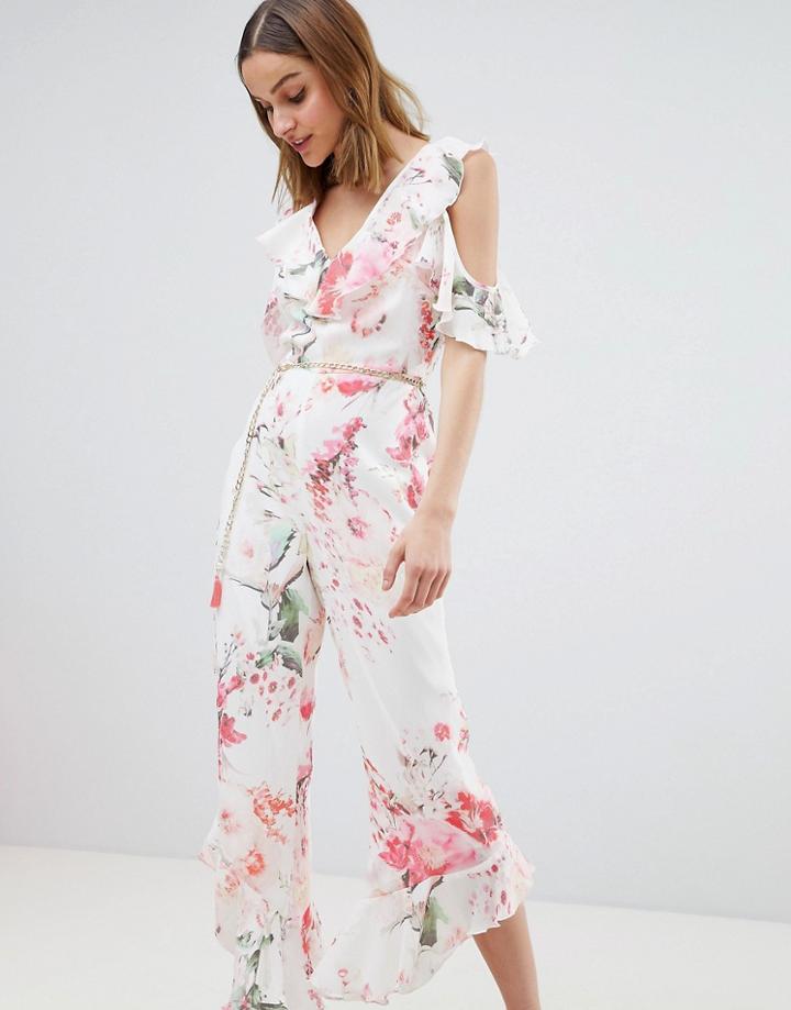 River Island Floral Print Frill Front Jumpsuit-cream