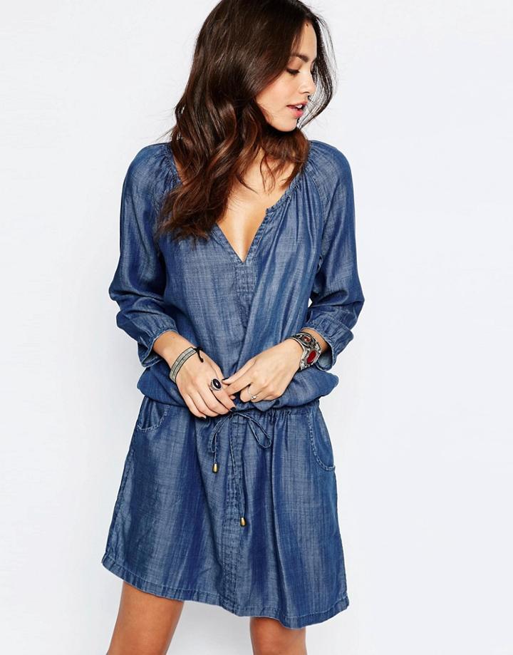 Esprit Denim V Neck Dress - Med Blue