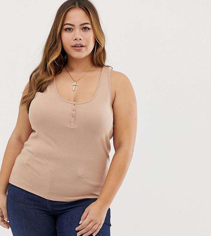 Asos Design Curve Tank With Button Front In Tobacco-brown