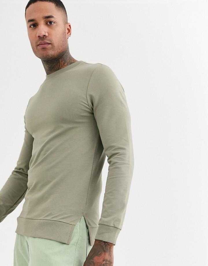 Asos Design Muscle Sweatshirt In Light Khaki With Split Hem-green
