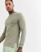 Asos Design Muscle Sweatshirt In Light Khaki With Split Hem-green