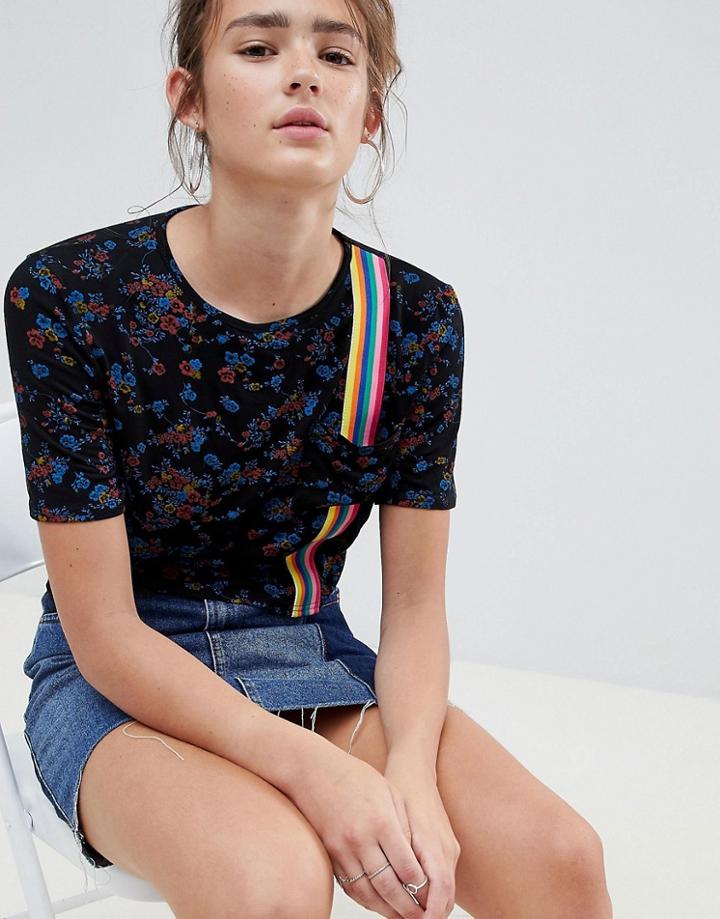 Heartbreak Crop Floral Tee With Rainbow Side Stripe - Black