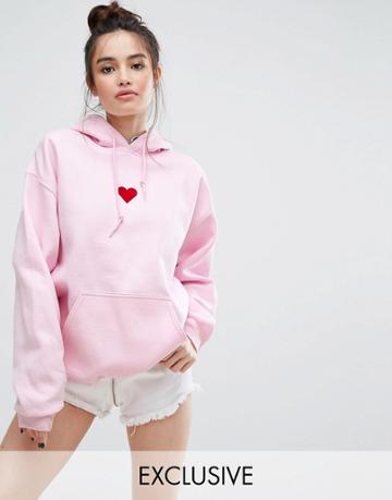 Adolescent Clothing Oversized Hoodie With Heart Embroidered Patch - Pink