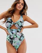 Asos Design Fuller Bust Exclusive Twist Front Slinky Swimsuit In Shiny Floral - Multi