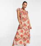 Asos Design Petite Short Sleeve Frill Detail Maxi Dress In Leopard Rose Print-multi