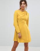 Asos Twist Neck Mini Dress With Fluted Sleeve - Yellow
