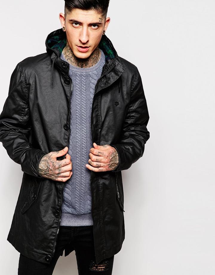 Threadbare Coated Check Lined Parka Jacket - Black