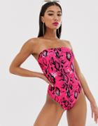 Asos Design Clean Bandeau Swimsuit In Pink Neon Snake Print