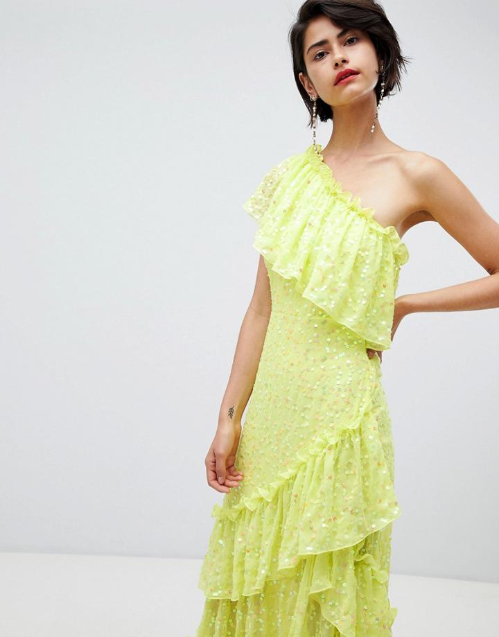 Asos Design Ruffle Midaxi Dress In Sequin - Green