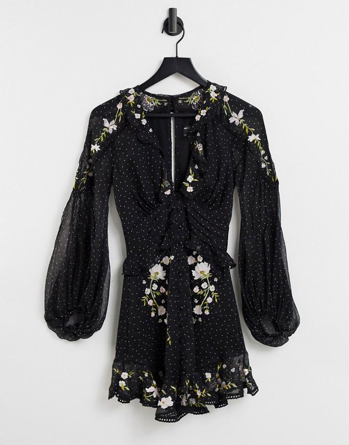 Asos Design Dot Print Mini Dress With Collar And Embroidery Detail-multi