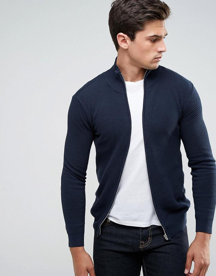 Solid Knitted Zip Up Jacket In Texture - Navy