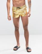 Asos Swim Shorts In Metallic Gold With Extreme Side Split - Gold