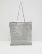 Asos Design Croc Embossed Suede And Leather Shopper Bag - Gray