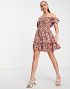 Ax Paris Square Neck Ruffle Mini Dress In Red Floral Print