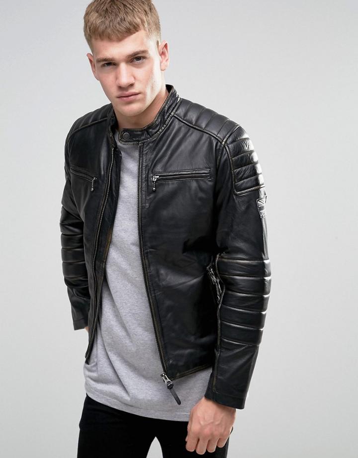 Pepe Paul Slim Leather Biker Jacket - Black