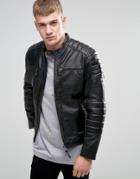 Pepe Paul Slim Leather Biker Jacket - Black