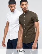 Asos Skinny Oxford 2 Pack In White And Khaki With Short Sleeves
