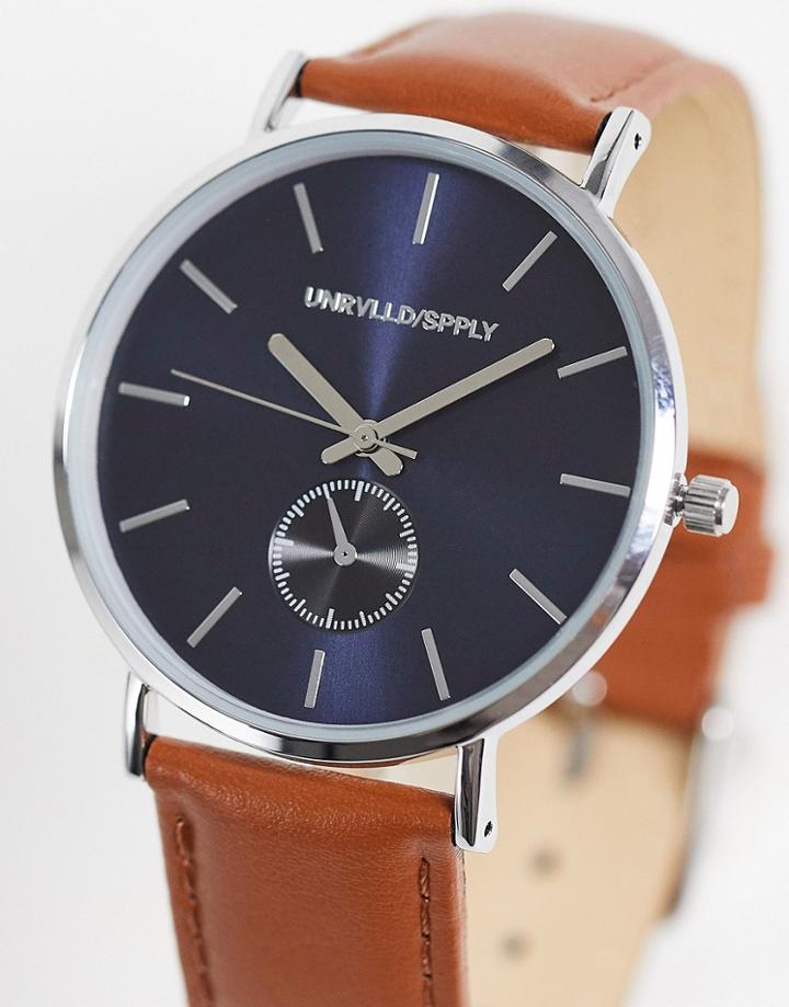 Asos Design Watch With Navy Face And Faux Leather Strap In Tan-brown