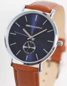Asos Design Watch With Navy Face And Faux Leather Strap In Tan-brown